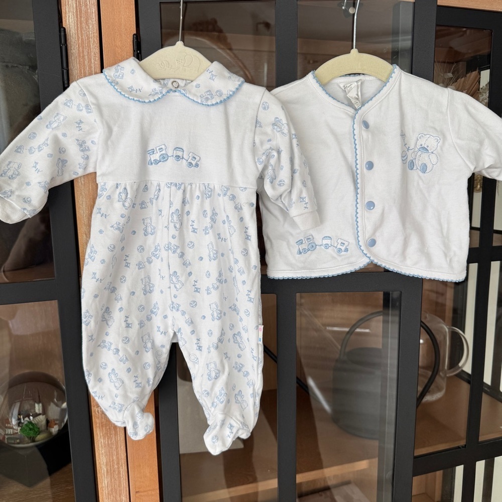 Vintage Newborn set footies cardigan embroidered baby boy 90s teddy bear train